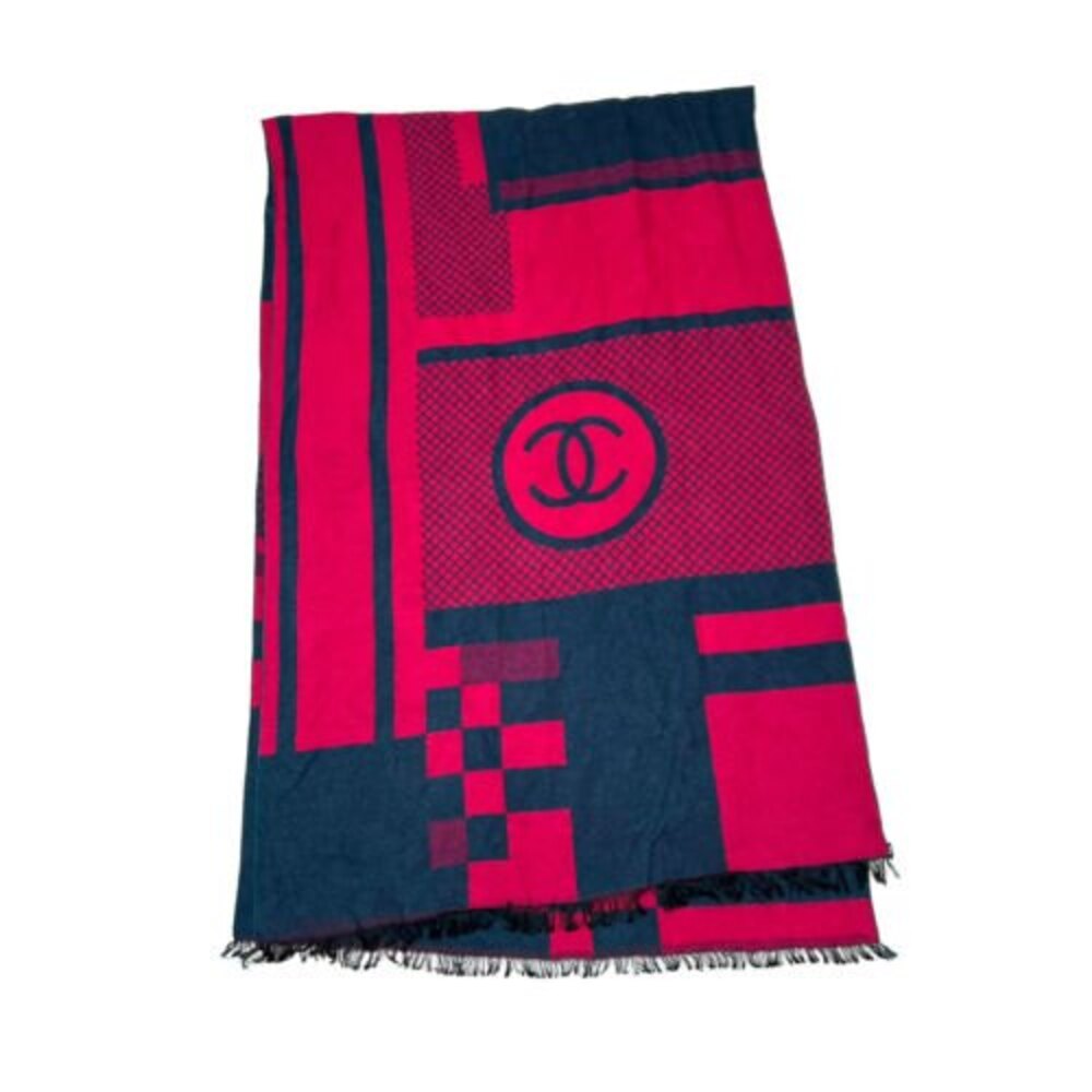 Chanel Womens Cashmere Silk Scarf Pink Navy Made In France